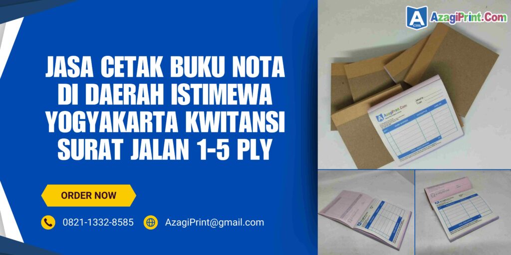 Cetak Buku Nota Di Daerah Istimewa Yogyakarta Kwitansi Surat Jalan 1-5 Ply 3 3 Jasa Cetak Buku Nota Di Daerah Istimewa Yogyakarta Kwitansi Surat Jalan 1-5 Ply adalah kebutuhan penting bagi setiap bisnis, terutama yang sering bertransaksi dengan pelanggan atau mitra bisnis. Tanpa buku nota yang rapi dan terorganisir, bisa jadi bisnis kamu kesulitan dalam memantau transaksi dan kehilangan jejak dari dokumen-dokumen penting. Kami di AzagiPrint siap membantu kamu mencetak buku nota, kwitansi, atau surat jalan dalam berbagai pilihan ply (lapisan) yang sesuai dengan kebutuhan administrasi bisnis kamu. Cetak Buku Nota Di Daerah Istimewa Yogyakarta Kwitansi Surat Jalan 1-5 Ply