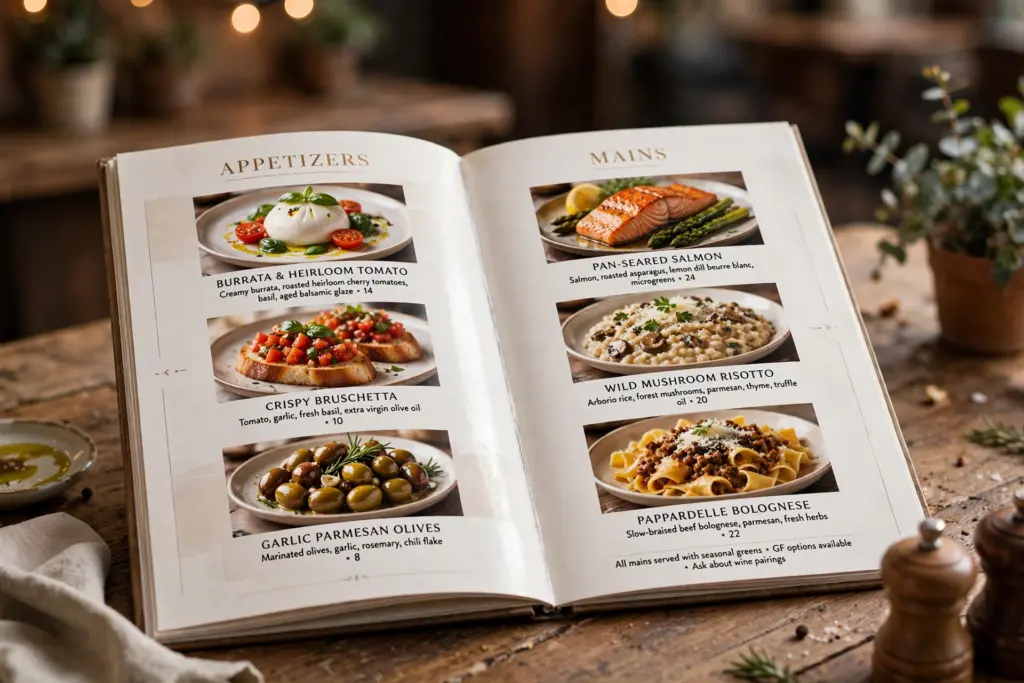 Cetak Menu Cafe & Resto | Bahan yang Tahan Lama dan Elegan 2 2 Pernah masuk ke cafe yang makanannya enak, tapi buku menunya lusuh, lecek, dan tintanya luntur? Kesan pertama langsung turun, kan? Padahal buku menu adalah "wajah" usahamu — benda pertama yang dipegang pelanggan begitu duduk. Karena itu, cetak menu cafe tidak boleh asal-asalan: bahannya harus tahan lama, finishingnya harus elegan, dan desainnya harus menggugah selera. Buku menu cafe hasil cetak yang elegan di atas meja kayu